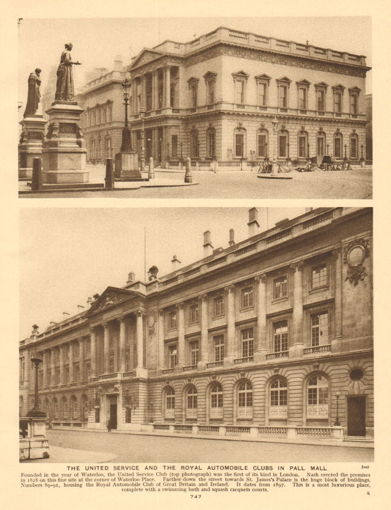 The United Service Club and the Royal Automobile Club in Pall Mall 1926 print
